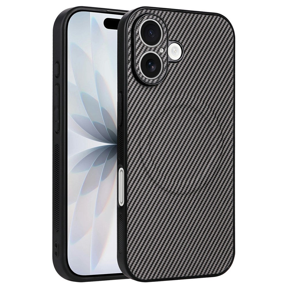 For iPhone 16 Case Carbon Fiber Texture Leather Coated TPU PC Phone Cover with Metal Ring for Magnetic Car Mount