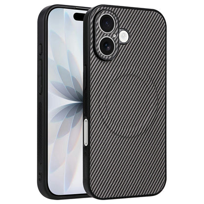 For iPhone 16 Case Carbon Fiber Texture Leather Coated TPU PC Phone Cover with Metal Ring for Magnetic Car Mount