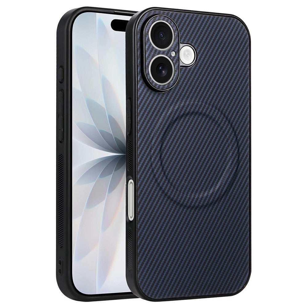 For iPhone 16 Case Carbon Fiber Texture Leather Coated TPU PC Phone Cover with Metal Ring for Magnetic Car Mount