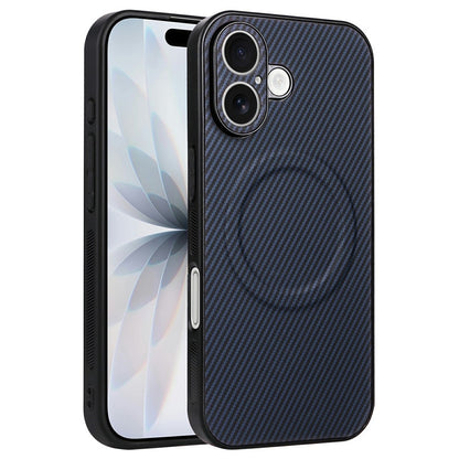 For iPhone 16 Case Carbon Fiber Texture Leather Coated TPU PC Phone Cover with Metal Ring for Magnetic Car Mount