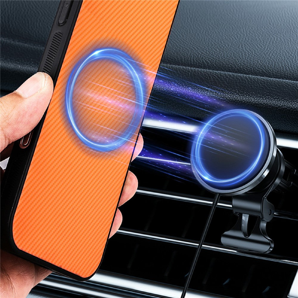 For iPhone 17 Pro Case Carbon Fiber Texture Leather Coated TPU PC Phone Cover with Metal Ring for Magnetic Car Mount