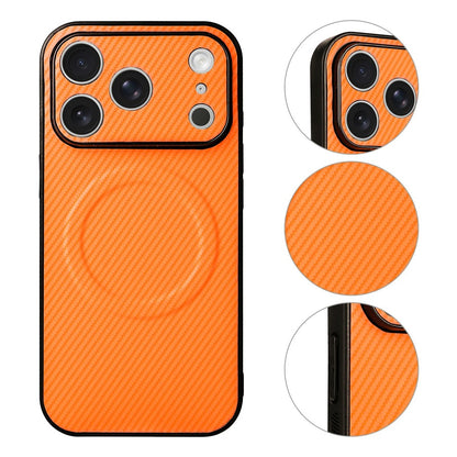 For iPhone 17 Pro Case Carbon Fiber Texture Leather Coated TPU PC Phone Cover with Metal Ring for Magnetic Car Mount