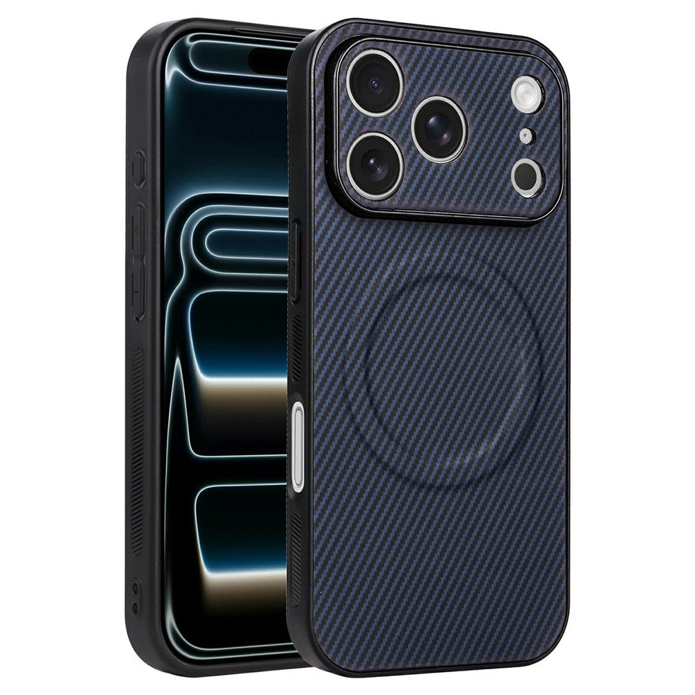 For iPhone 17 Pro Case Carbon Fiber Texture Leather Coated TPU PC Phone Cover with Metal Ring for Magnetic Car Mount
