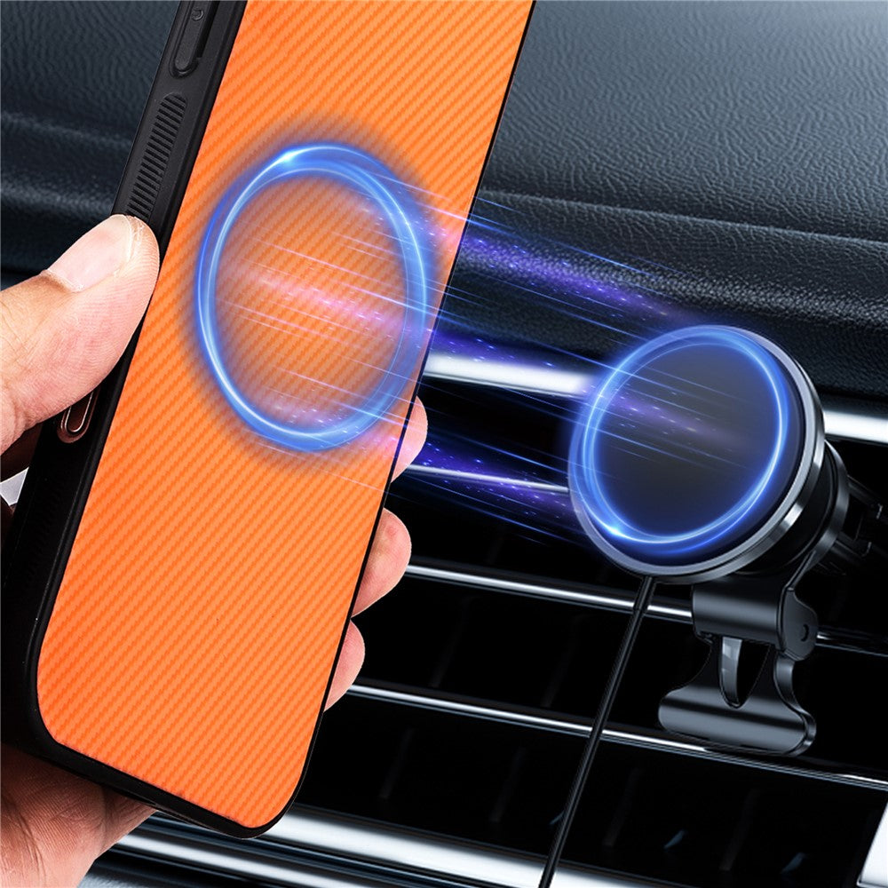 For iPhone 17 Case Carbon Fiber Texture Leather Coated TPU PC Phone Cover with Metal Ring for Magnetic Car Mount