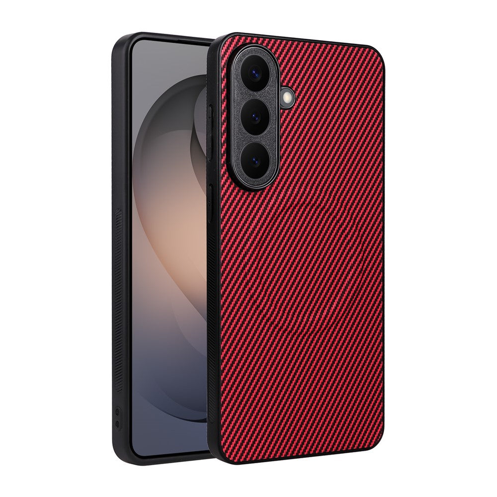 For Samsung Galaxy S26+ Case Carbon Fiber Texture Leather Coated TPU PC Phone Cover with Metal Ring for Magnetic Car Mount