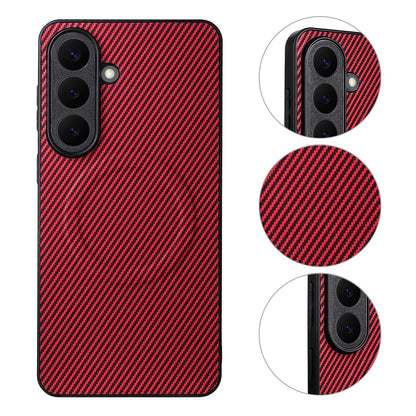 For Samsung Galaxy S26+ Case Carbon Fiber Texture Leather Coated TPU PC Phone Cover with Metal Ring for Magnetic Car Mount