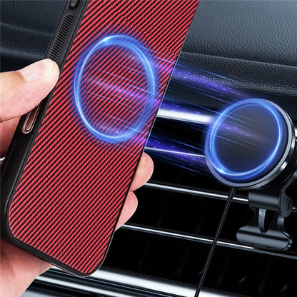 For Samsung Galaxy S26+ Case Carbon Fiber Texture Leather Coated TPU PC Phone Cover with Metal Ring for Magnetic Car Mount