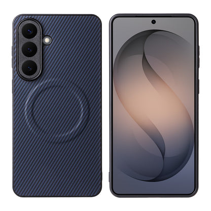 For Samsung Galaxy S26+ Case Carbon Fiber Texture Leather Coated TPU PC Phone Cover with Metal Ring for Magnetic Car Mount