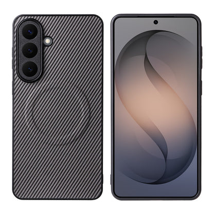 For Samsung Galaxy S26+ Case Carbon Fiber Texture Leather Coated TPU PC Phone Cover with Metal Ring for Magnetic Car Mount