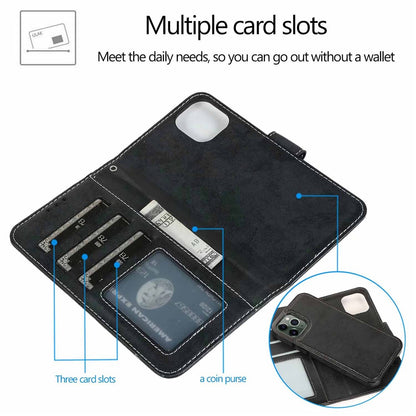 For iPhone 15 Pro Max Wallet Case Retro Matte Magnetic Detachable PU Leather TPU Phone Cover