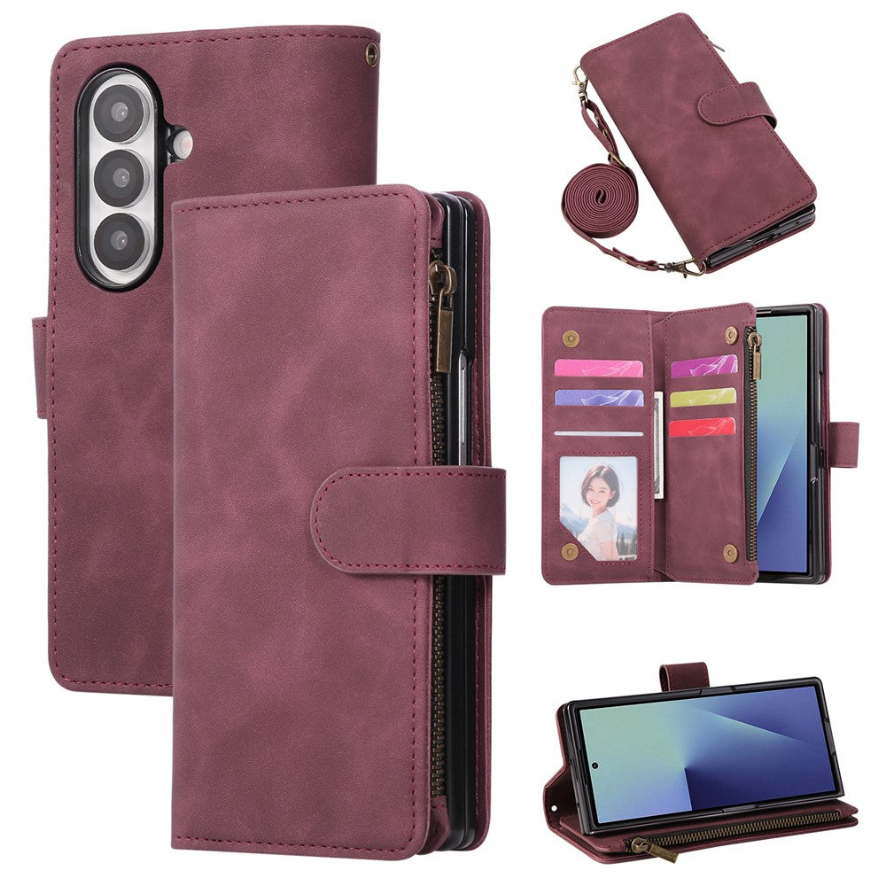 For Samsung Galaxy Z Fold8 Ultra Case Zipper Multi-Pocket Wallet Leather Phone Cover with Shoulder and Wrist Straps