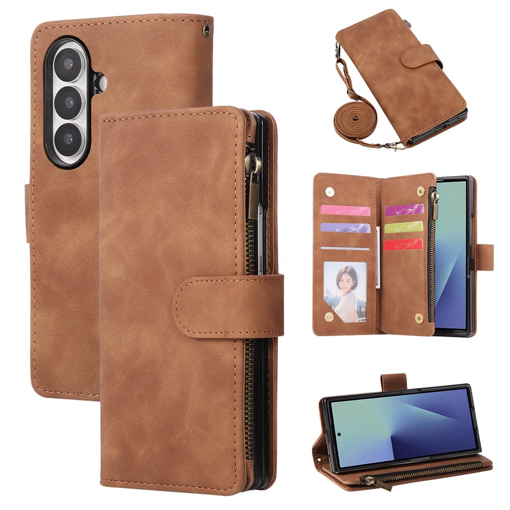 For Samsung Galaxy Z Fold8 Ultra Case Zipper Multi-Pocket Wallet Leather Phone Cover with Shoulder and Wrist Straps