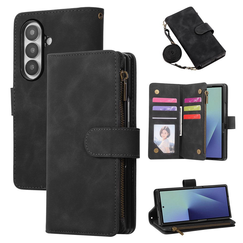For Samsung Galaxy Z Fold8 Ultra Case Zipper Multi-Pocket Wallet Leather Phone Cover with Shoulder and Wrist Straps