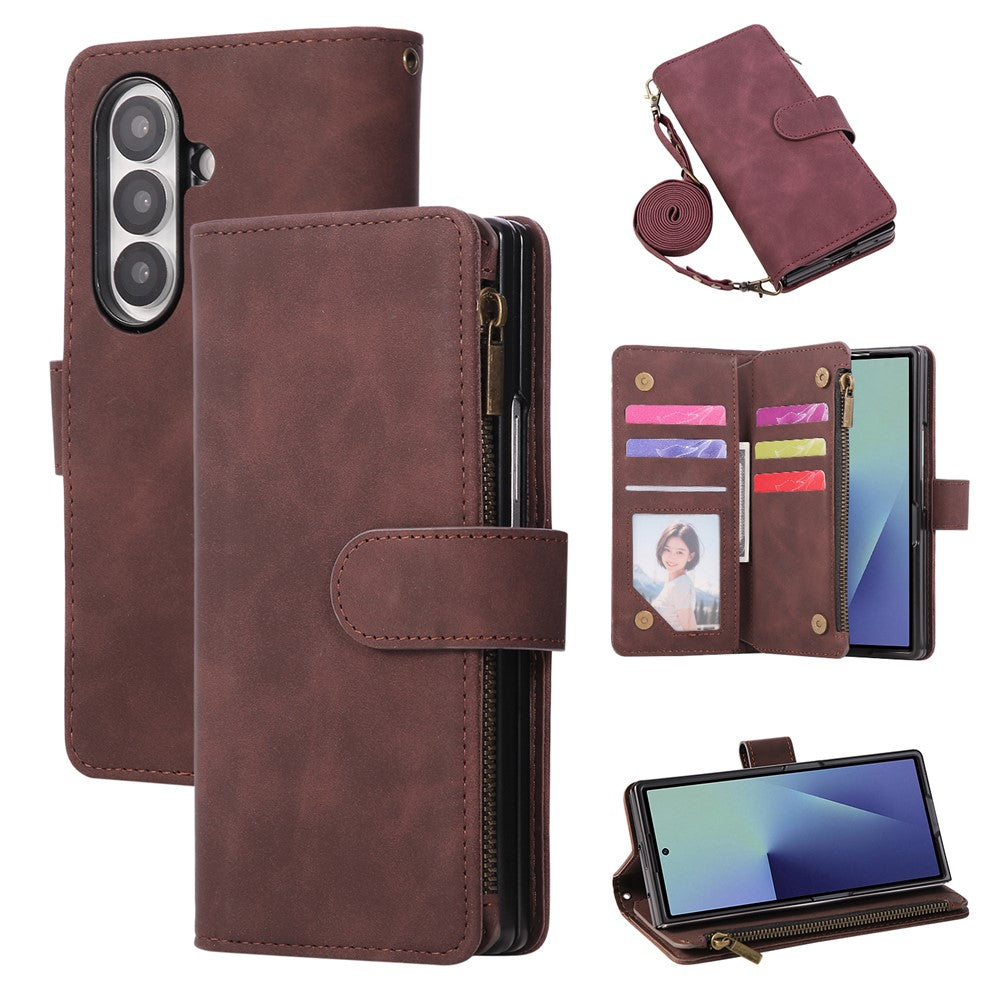 For Samsung Galaxy Z Fold8 Ultra Case Zipper Multi-Pocket Wallet Leather Phone Cover with Shoulder and Wrist Straps