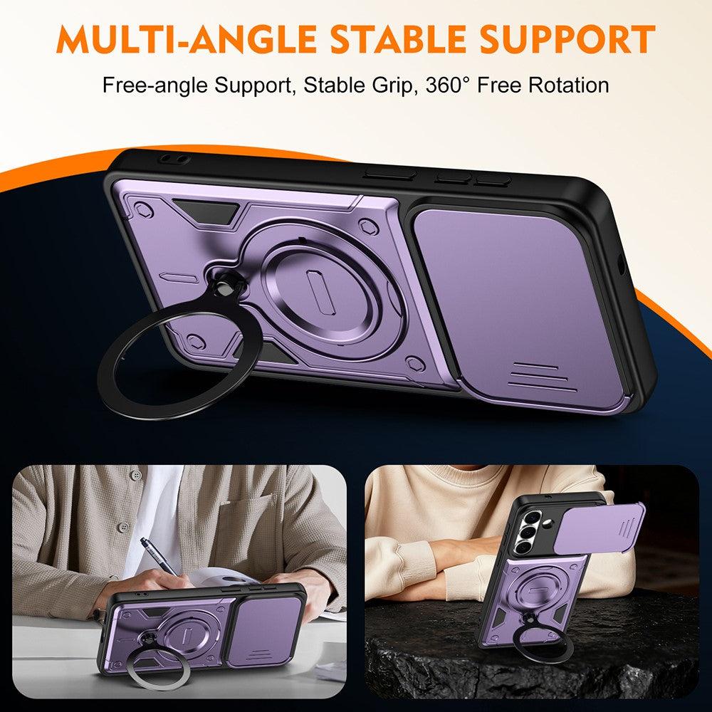 For Samsung Galaxy S26+ Case with Slide Lens Cover Rotatable Kickstand Shockproof TPU + PC Phone Shell