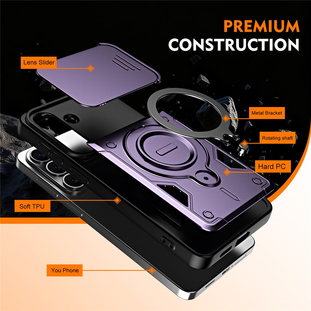 For Samsung Galaxy S26+ Case with Slide Lens Cover Rotatable Kickstand Shockproof TPU + PC Phone Shell