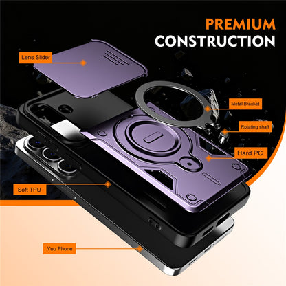 For Samsung Galaxy S26+ Case with Slide Lens Cover Rotatable Kickstand Shockproof TPU + PC Phone Shell