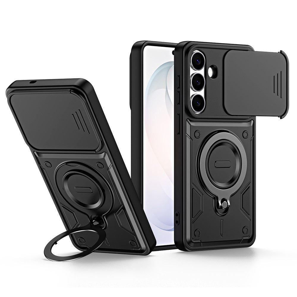 For Samsung Galaxy S26+ Case with Slide Lens Cover Rotatable Kickstand Shockproof TPU + PC Phone Shell