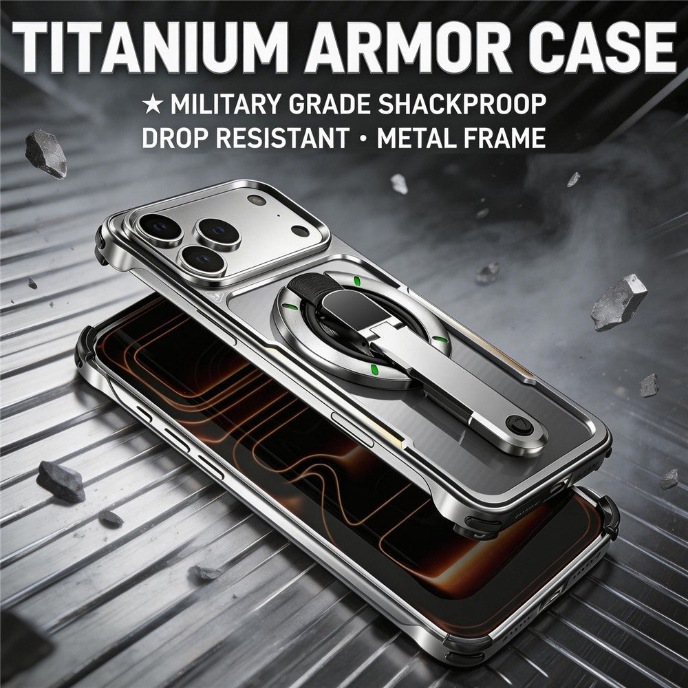 For iPhone 17 Pro Max Case with Magnetic Kickstand Titanium Metal Shockproof Armor Phone Cover