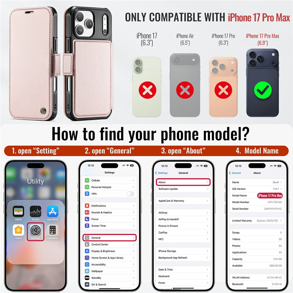 CASEME 053 for iPhone 17 Pro Max Case Magnetic RFID Blocking Wallet Flip Leather Phone Cover