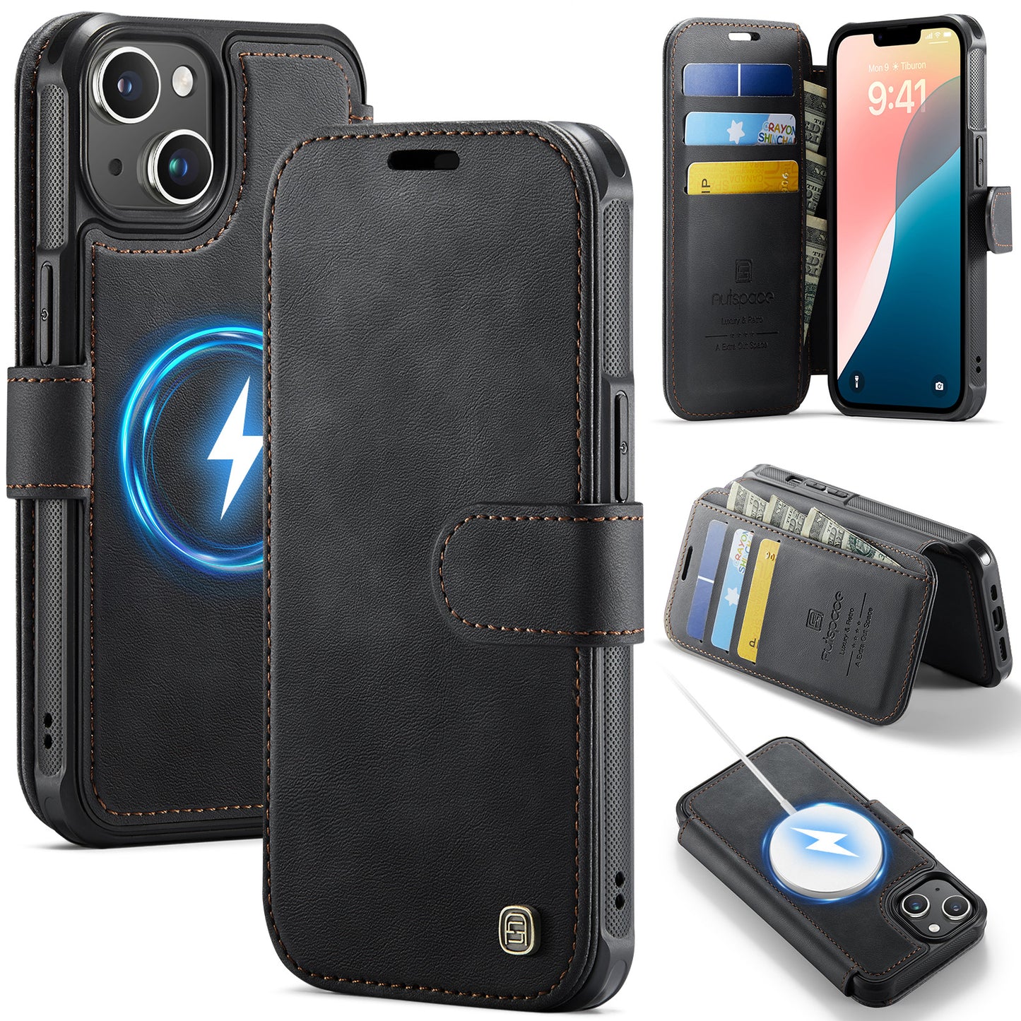 AUTSPACE for iPhone 14 A15 Case RFID Blocking Wallet Leather Magnetic Phone Cover