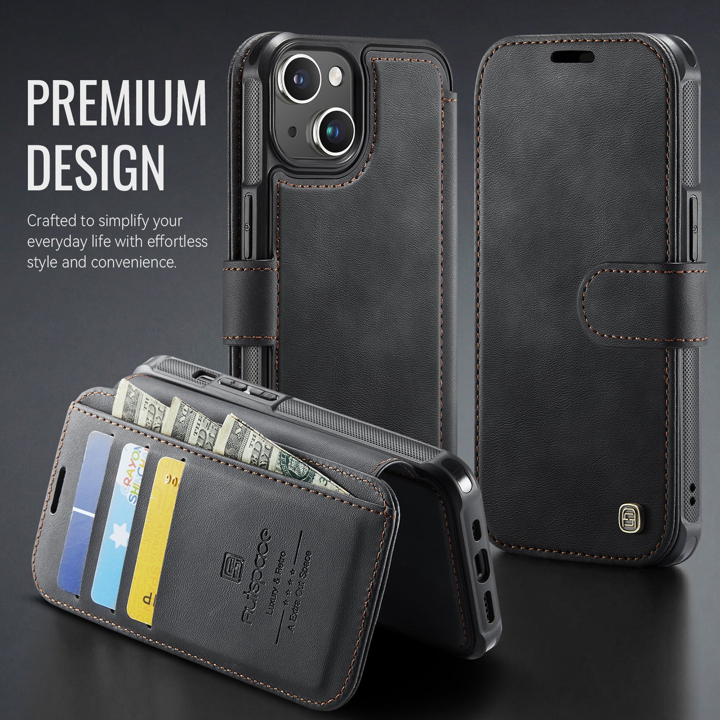AUTSPACE for iPhone 14 A15 Case RFID Blocking Wallet Leather Magnetic Phone Cover