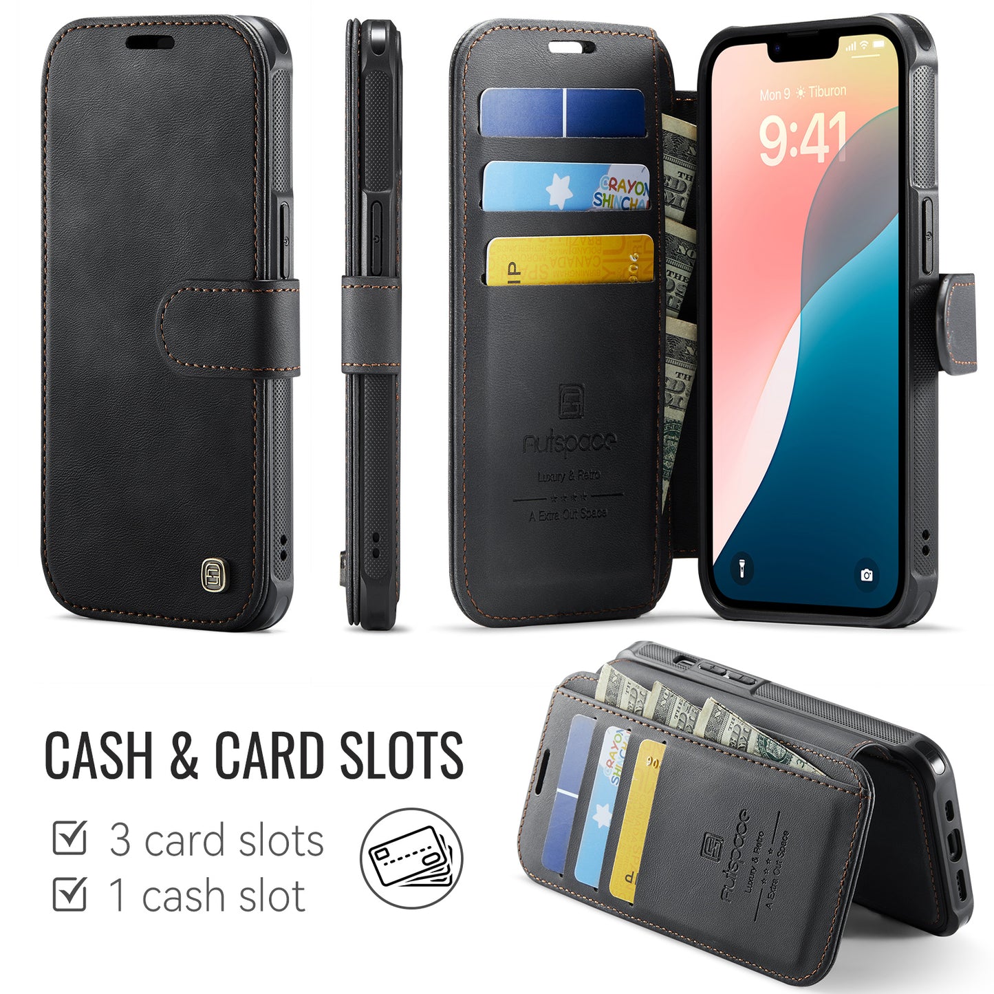 AUTSPACE for iPhone 14 A15 Case RFID Blocking Wallet Leather Magnetic Phone Cover