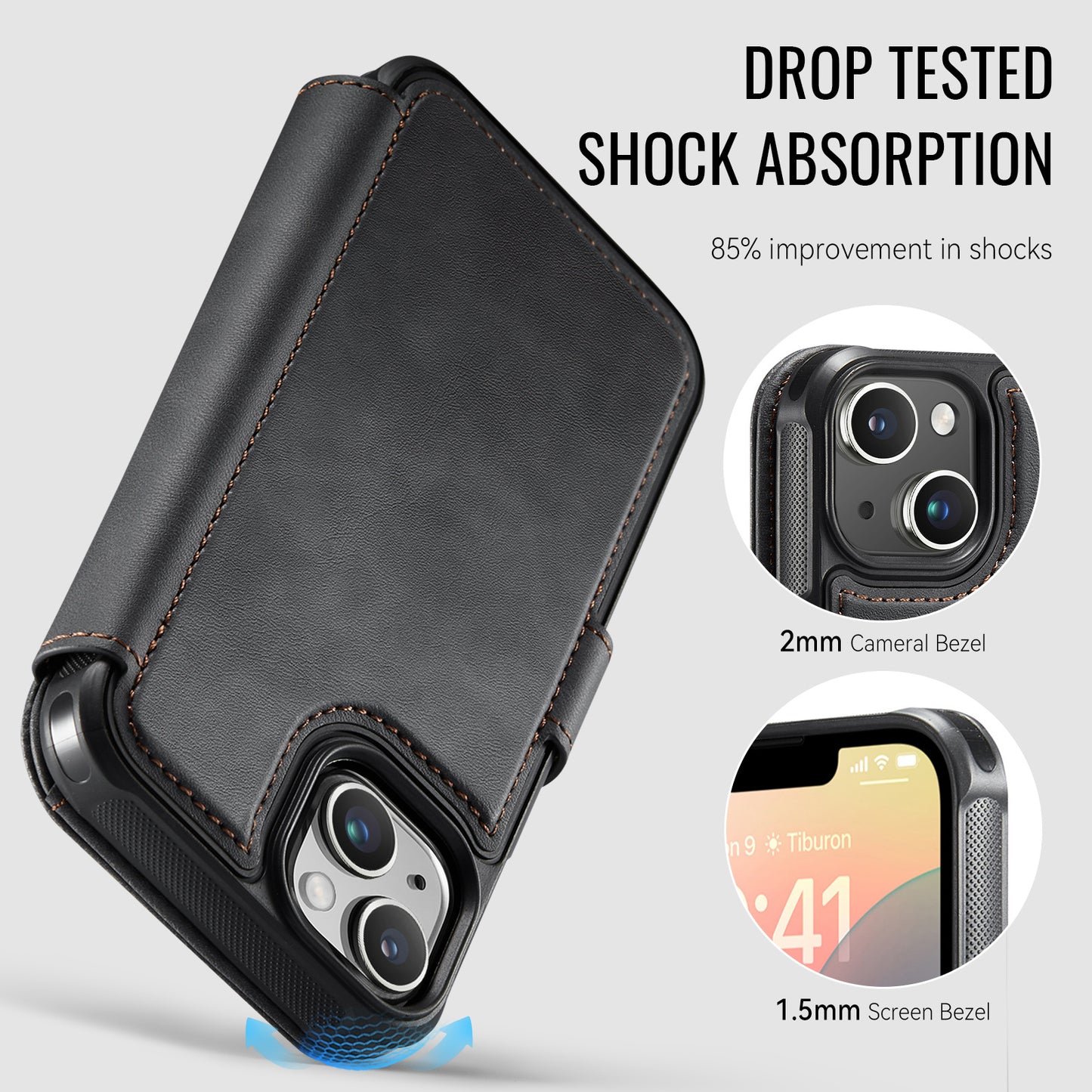 AUTSPACE for iPhone 14 A15 Case RFID Blocking Wallet Leather Magnetic Phone Cover
