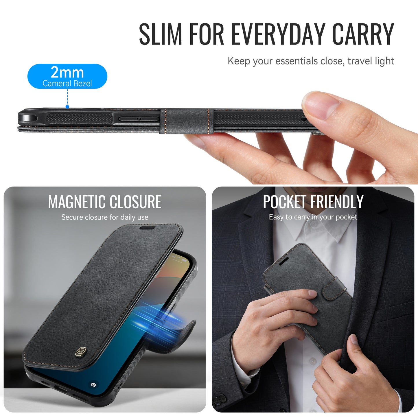 AUTSPACE for iPhone 14 A15 Case RFID Blocking Wallet Leather Magnetic Phone Cover
