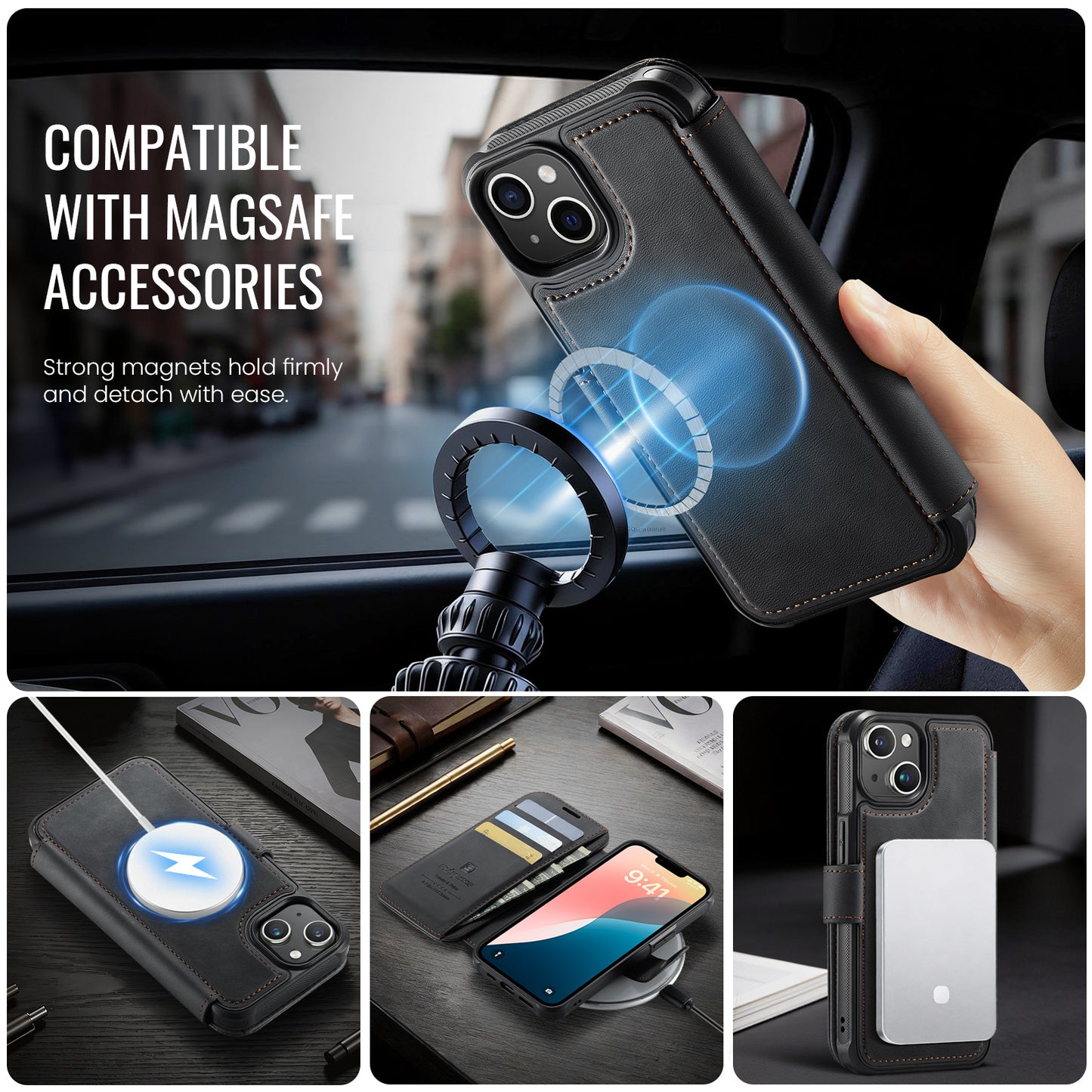 AUTSPACE for iPhone 14 A15 Case RFID Blocking Wallet Leather Magnetic Phone Cover