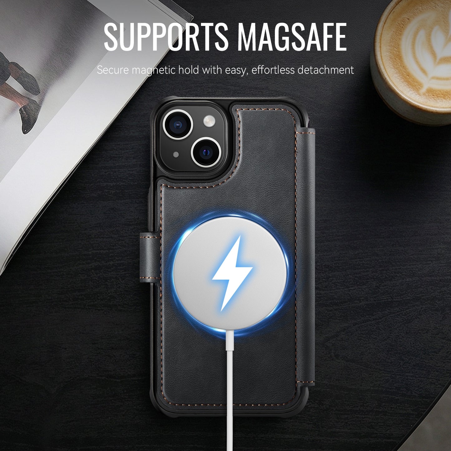 AUTSPACE for iPhone 14 A15 Case RFID Blocking Wallet Leather Magnetic Phone Cover