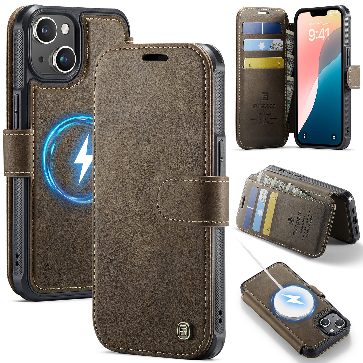 AUTSPACE for iPhone 14 A15 Case RFID Blocking Wallet Leather Magnetic Phone Cover
