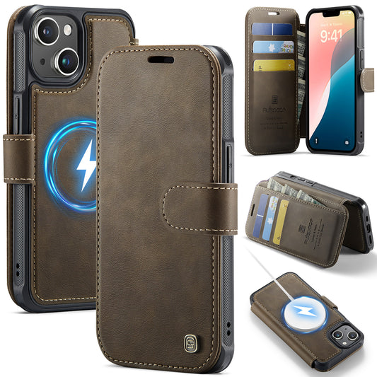 AUTSPACE for iPhone 14 A15 Case RFID Blocking Wallet Leather Magnetic Phone Cover