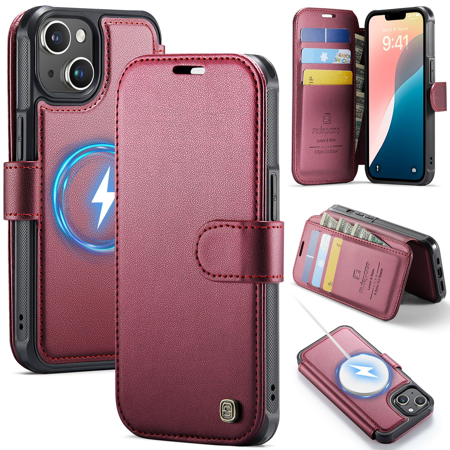 AUTSPACE for iPhone 14 A15 Case RFID Blocking Wallet Leather Magnetic Phone Cover