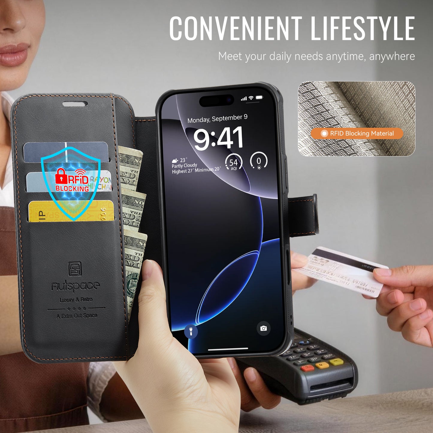 AUTSPACE for iPhone 15 Pro Max A15 Case RFID Blocking Wallet Leather Magnetic Phone Cover
