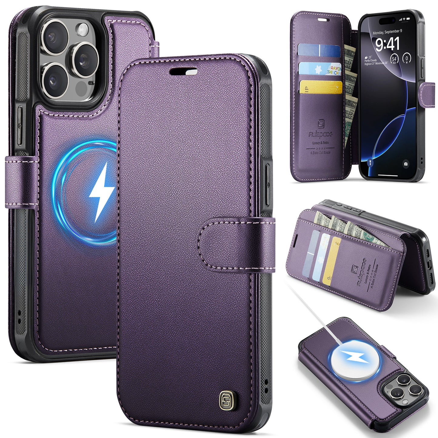 AUTSPACE for iPhone 15 Pro Max A15 Case RFID Blocking Wallet Leather Magnetic Phone Cover