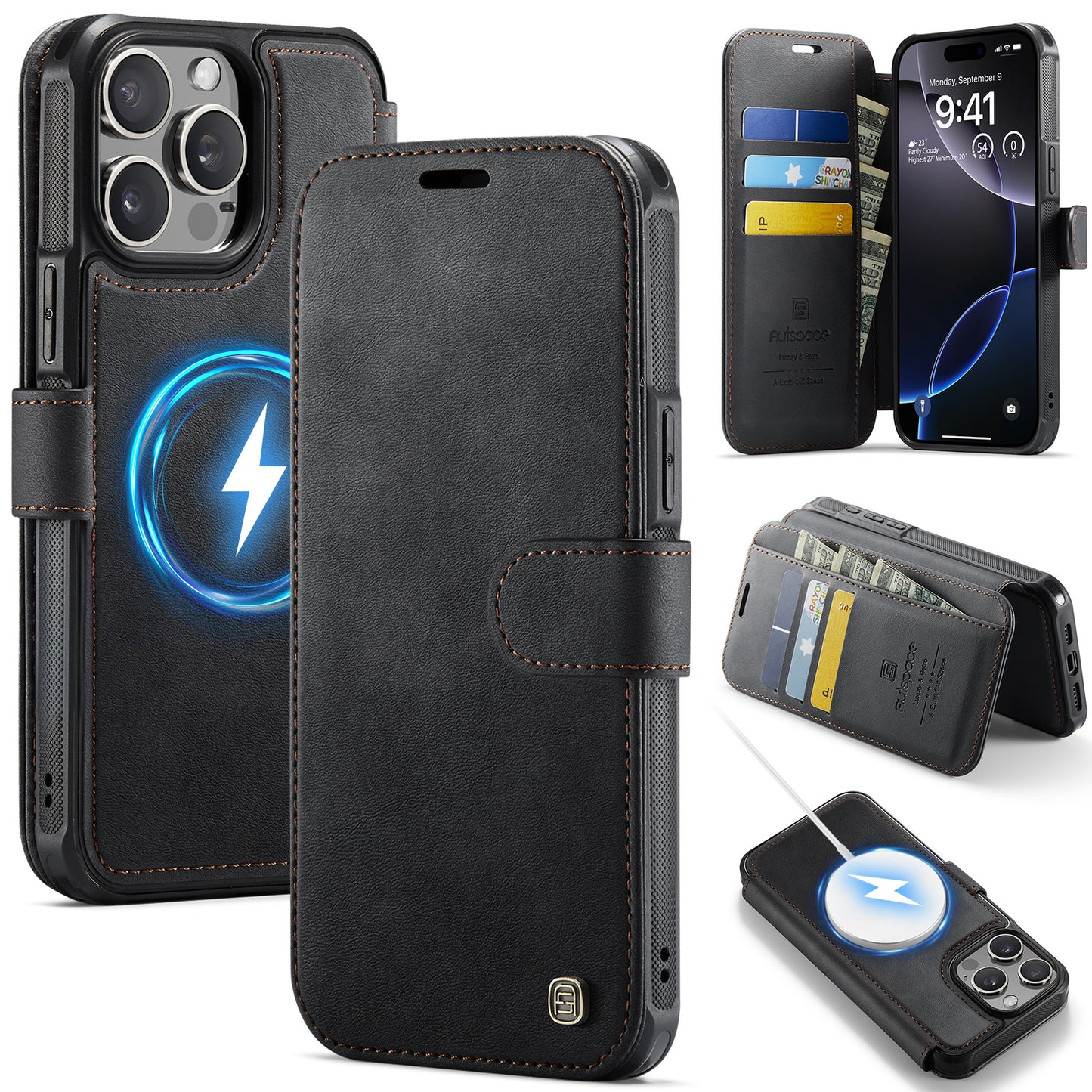 AUTSPACE for iPhone 15 Pro A15 Case RFID Blocking Wallet Leather Magnetic Phone Cover
