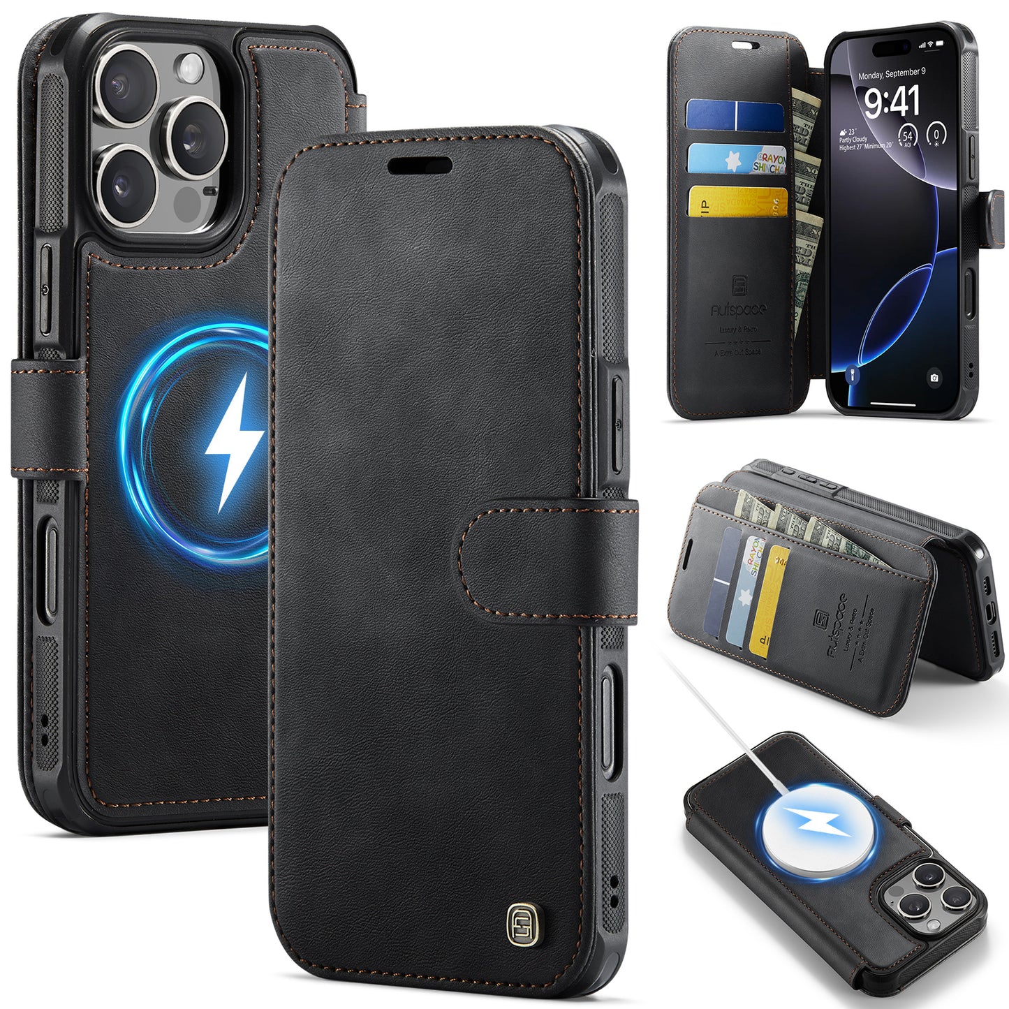 AUTSPACE for iPhone 16 Pro Max A15 Case RFID Blocking Wallet Leather Magnetic Phone Cover
