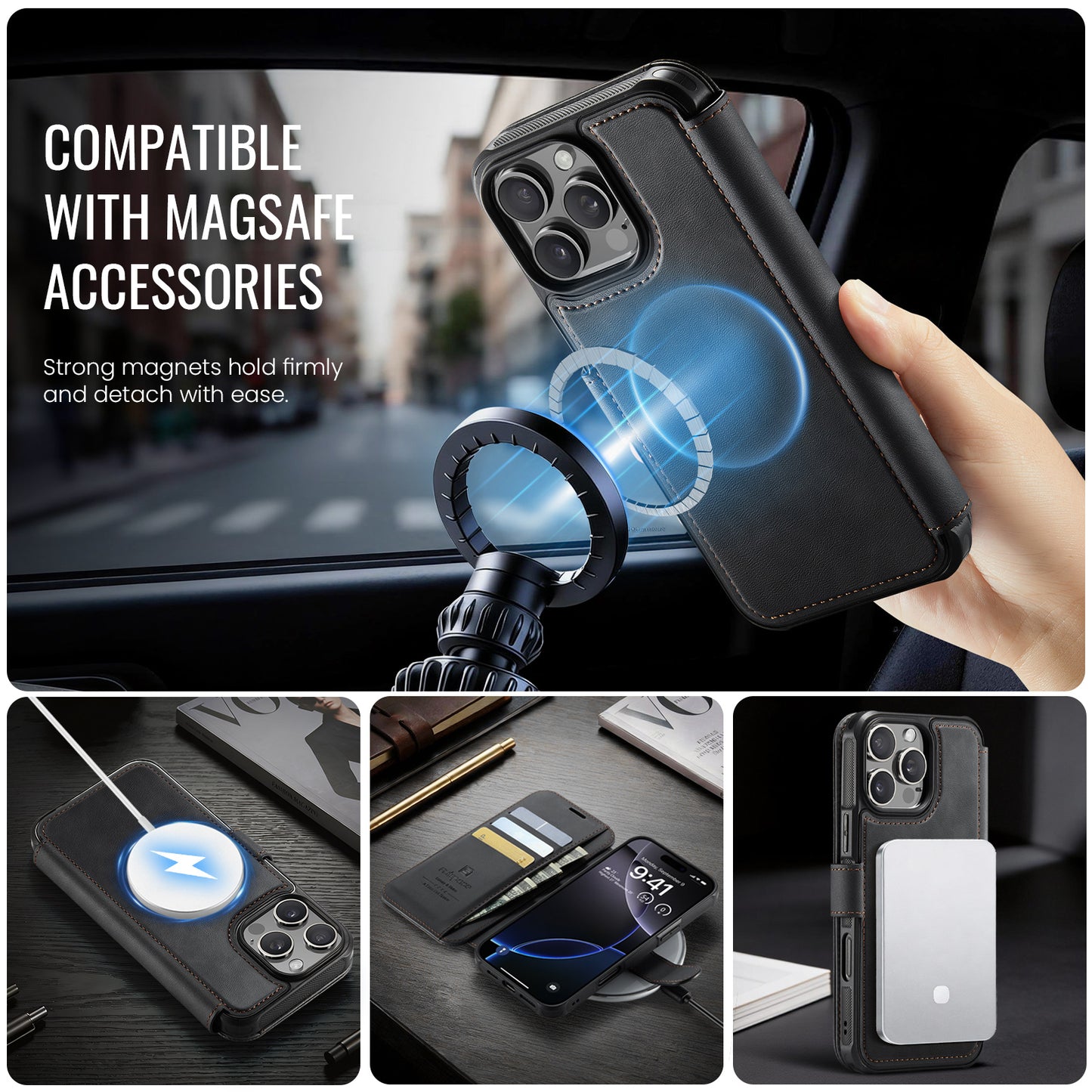 AUTSPACE for iPhone 16 Pro Max A15 Case RFID Blocking Wallet Leather Magnetic Phone Cover