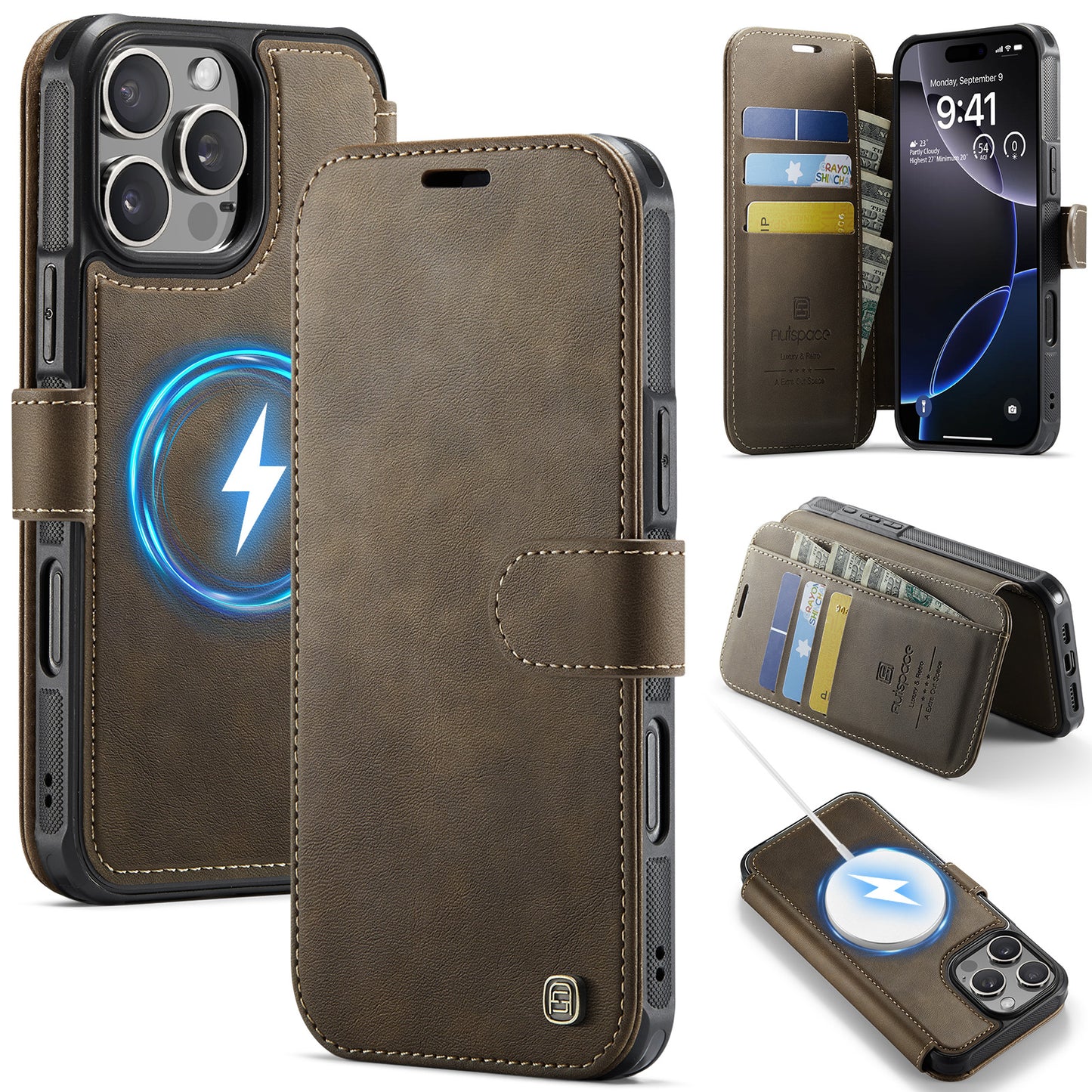 AUTSPACE for iPhone 16 Pro Max A15 Case RFID Blocking Wallet Leather Magnetic Phone Cover