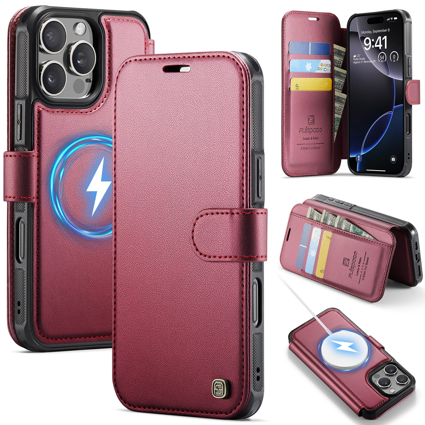 AUTSPACE for iPhone 16 Pro Max A15 Case RFID Blocking Wallet Leather Magnetic Phone Cover