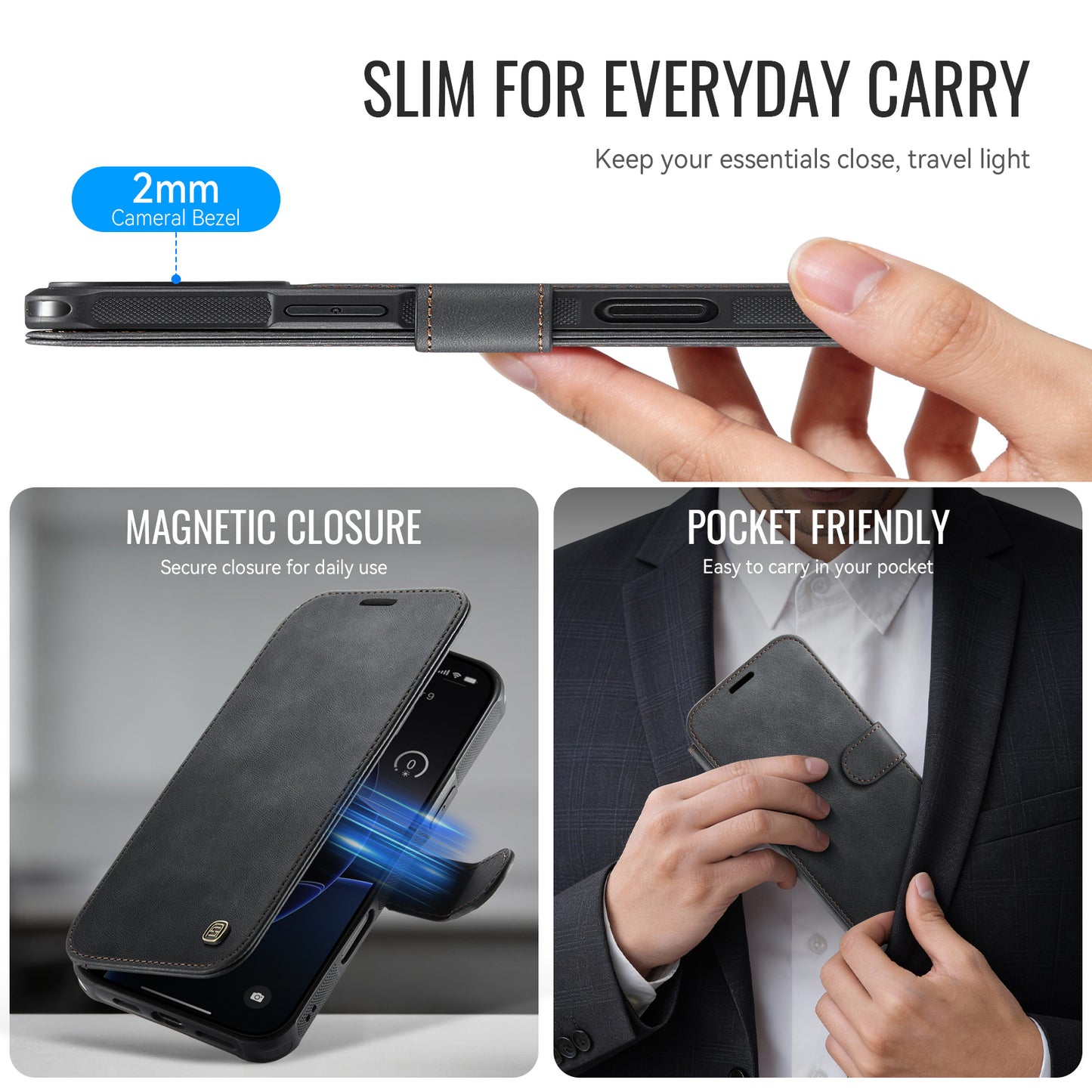 AUTSPACE for iPhone 16 Pro A15 Case RFID Blocking Wallet Leather Magnetic Phone Cover