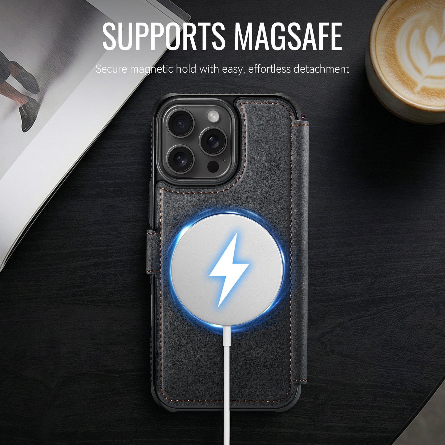 AUTSPACE for iPhone 16 Pro A15 Case RFID Blocking Wallet Leather Magnetic Phone Cover