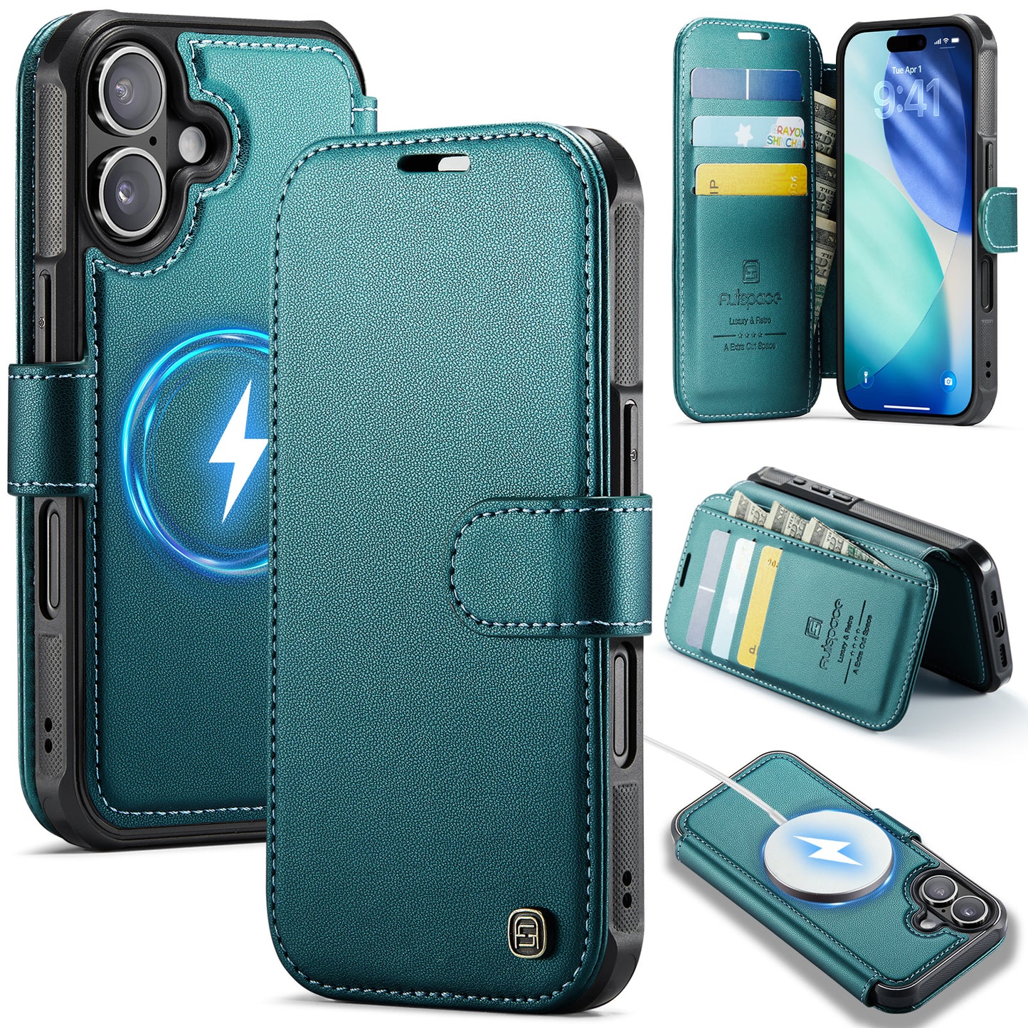 AUTSPACE for iPhone 16 A15 Case RFID Blocking Wallet Leather Magnetic Phone Cover