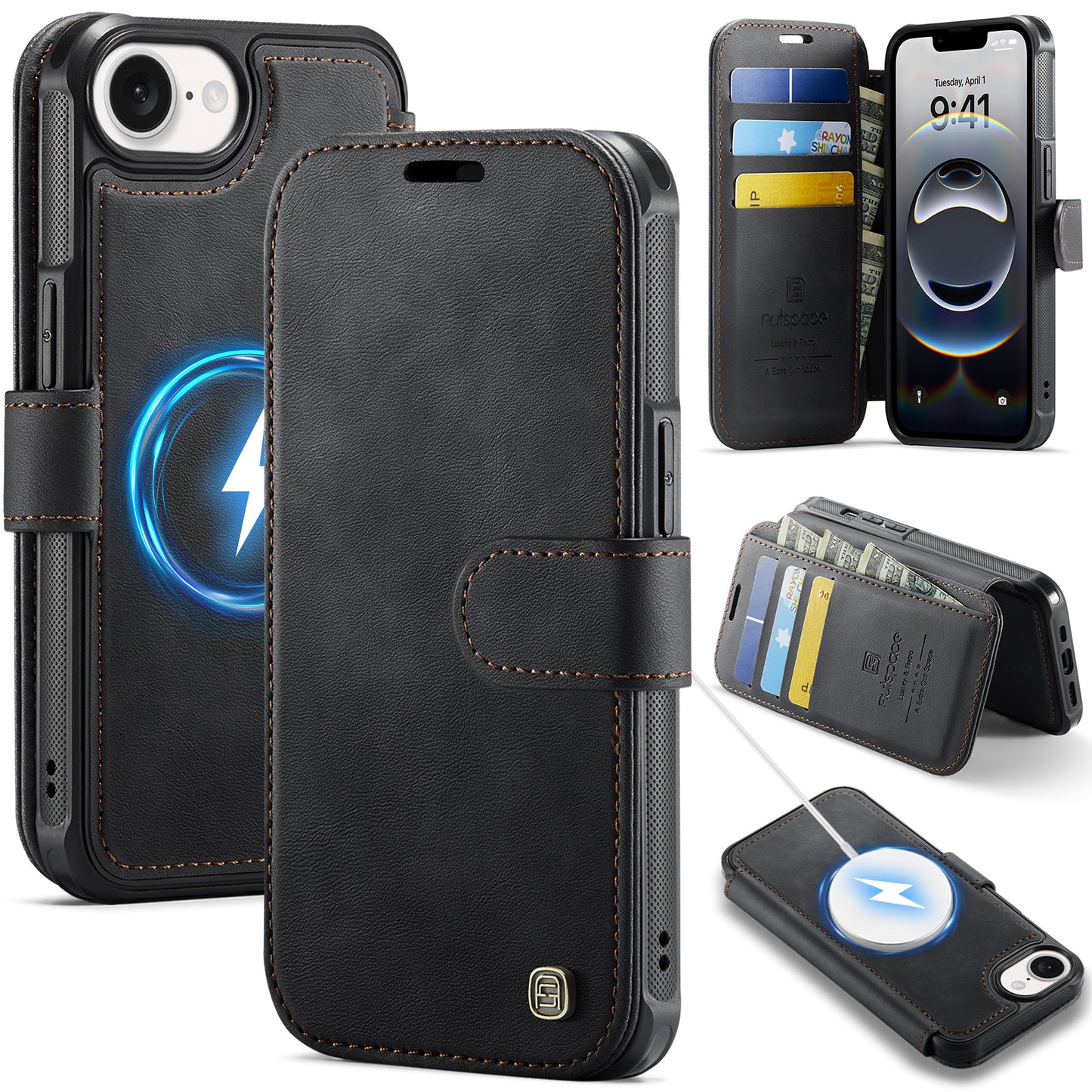 AUTSPACE for iPhone 17e / iPhone 16e A15 Case RFID Blocking Wallet Leather Magnetic Phone Cover