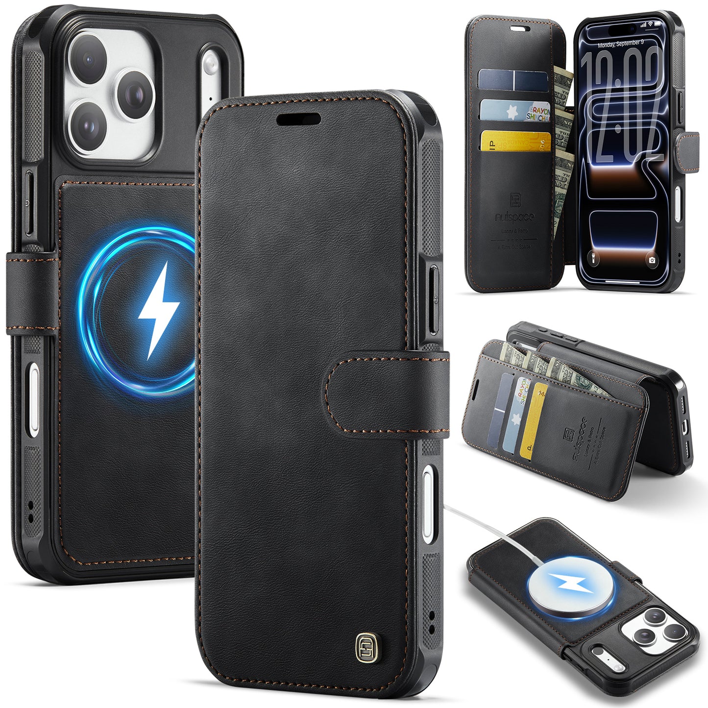 AUTSPACE for iPhone 17 Pro A15 Case RFID Blocking Wallet Leather Magnetic Phone Cover