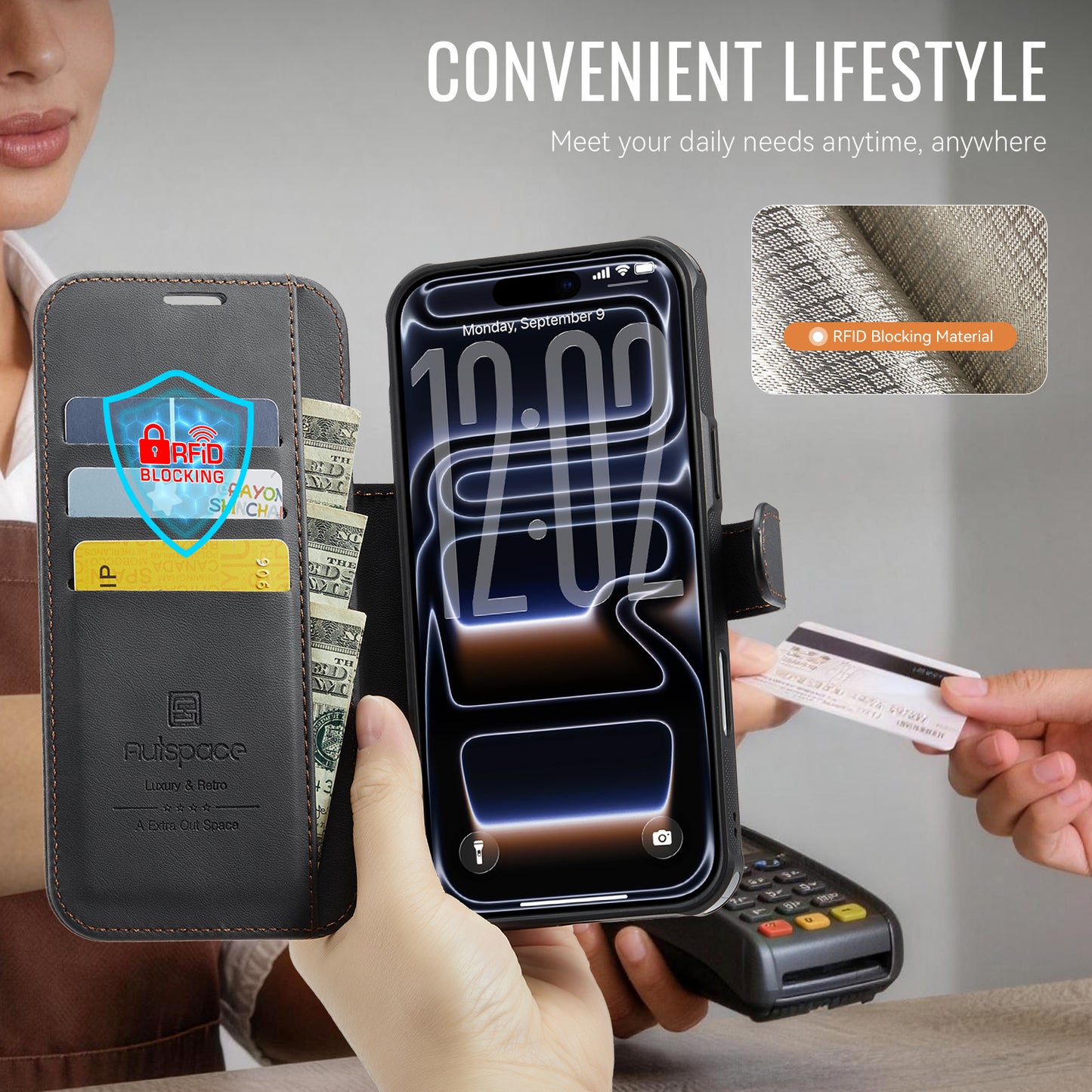 AUTSPACE for iPhone 17 Pro A15 Case RFID Blocking Wallet Leather Magnetic Phone Cover