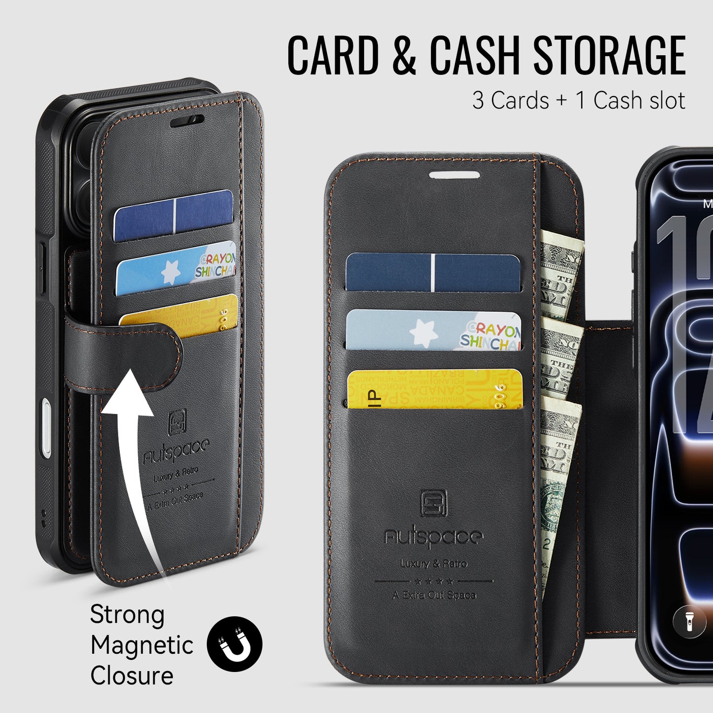 AUTSPACE for iPhone 17 Pro A15 Case RFID Blocking Wallet Leather Magnetic Phone Cover