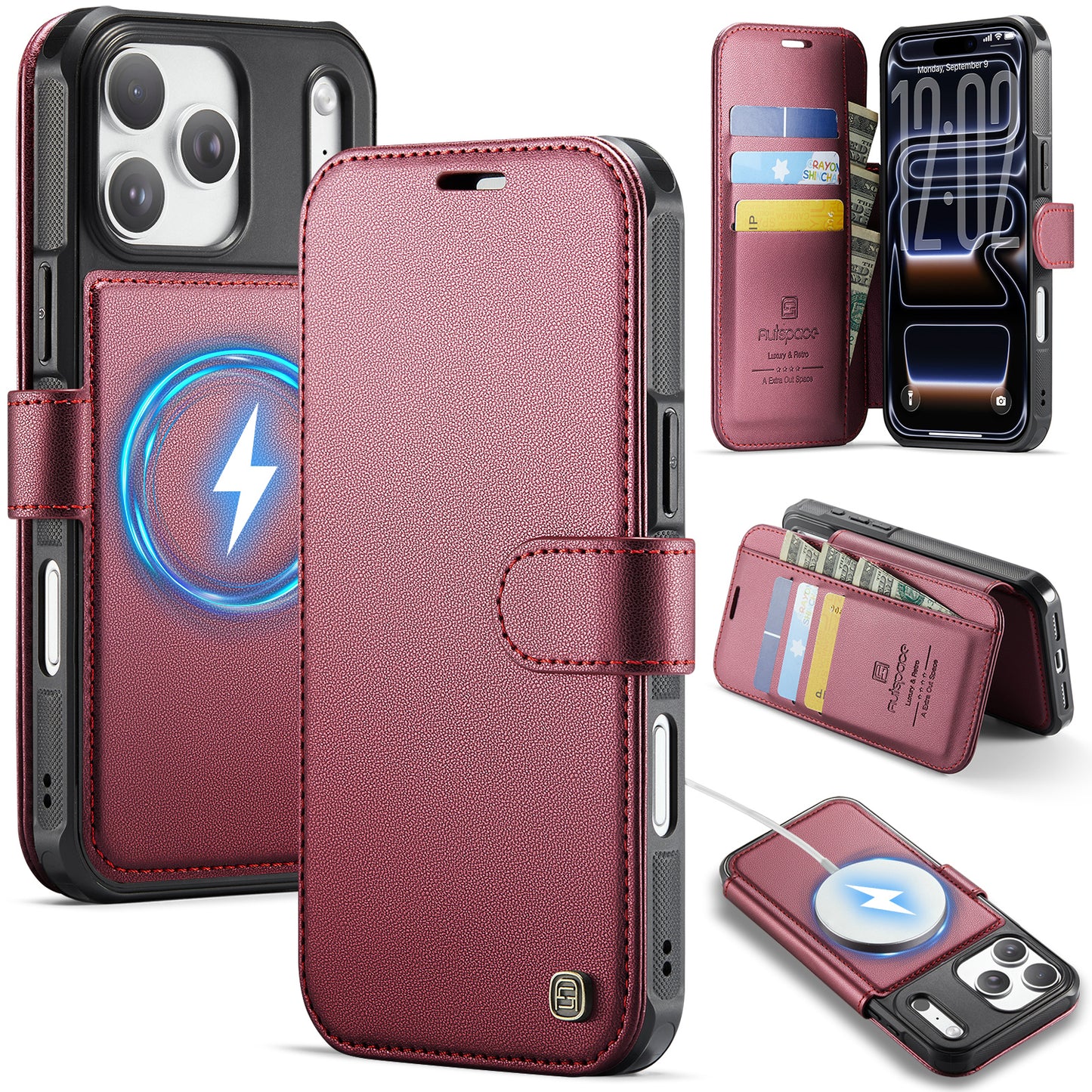 AUTSPACE for iPhone 17 Pro A15 Case RFID Blocking Wallet Leather Magnetic Phone Cover