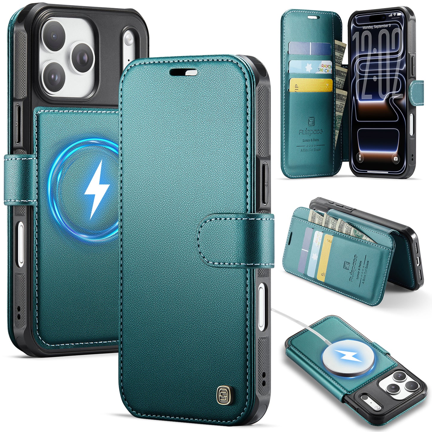 AUTSPACE for iPhone 17 Pro A15 Case RFID Blocking Wallet Leather Magnetic Phone Cover